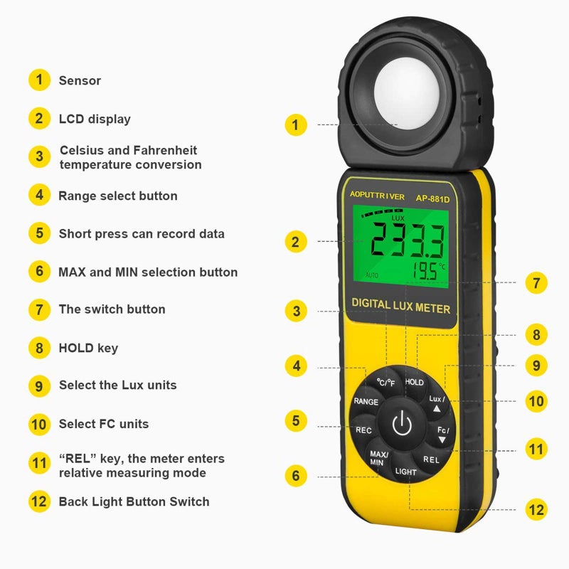 AOPUTTRIVER Light Meters, AP-881D Lux Meter with Ambient Temperatureï¼ˆâ„ƒ/â„‰ï¼‰Measurer Light 0.01~400,000 Lux (0.01~40,000 FC), Luxmeter with 270Âº Rotated Sensor, Back Light, Data storag for Plants LED Indoor Lights - Image 3